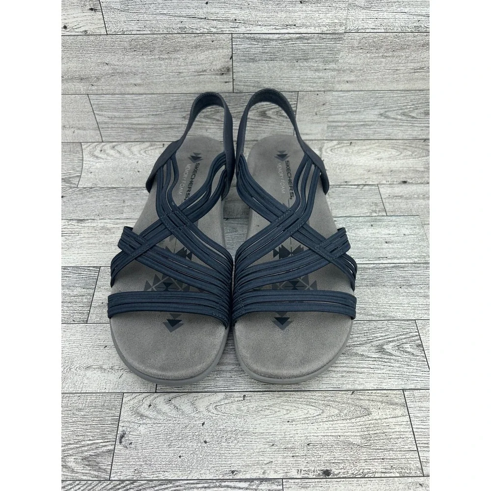 Skechers Reggae Slim Vacay Navy Blue Strappy Memory Foam Sandals Women Sz 8